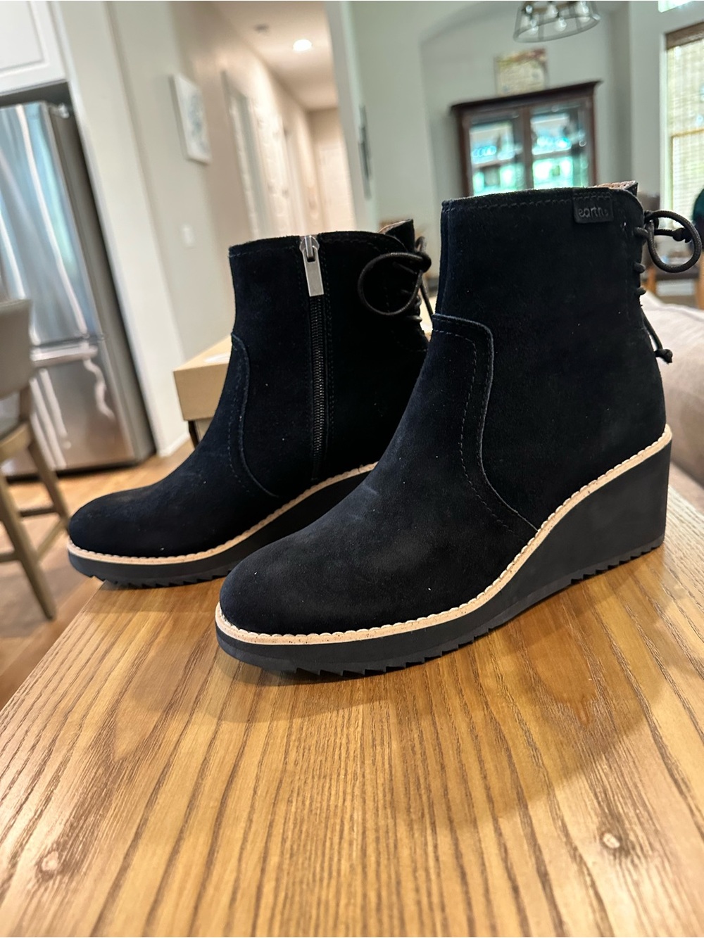 Earth Black Suede Wedge Ankle Boots back ties